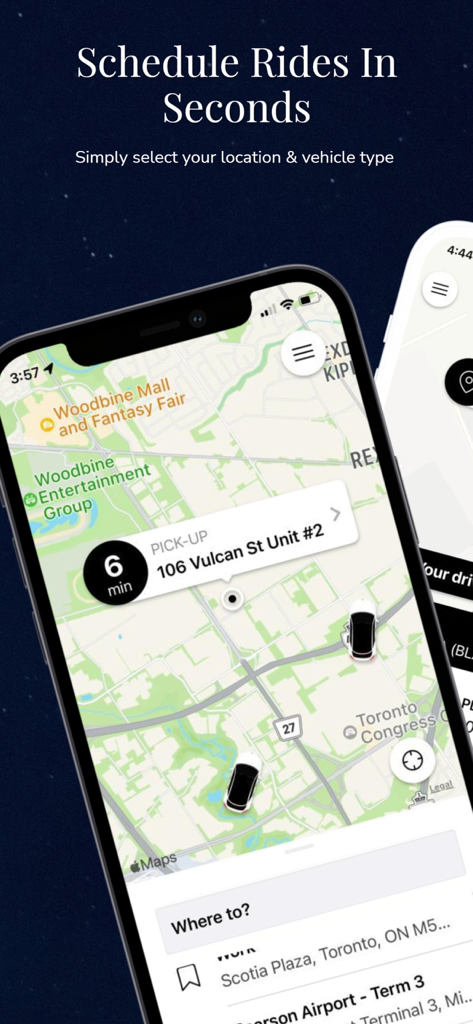 Aeroport Taxi & Limo Service - Aeroport Taxi and Limo Service app interface showing a map for scheduling a ride in the Toronto area