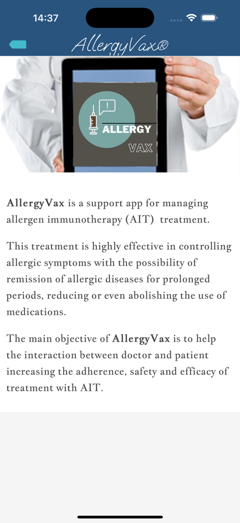 AllergyVax app introduction screen featuring a doctor holding a tablet and a description of allergen immunotherapy treatment.