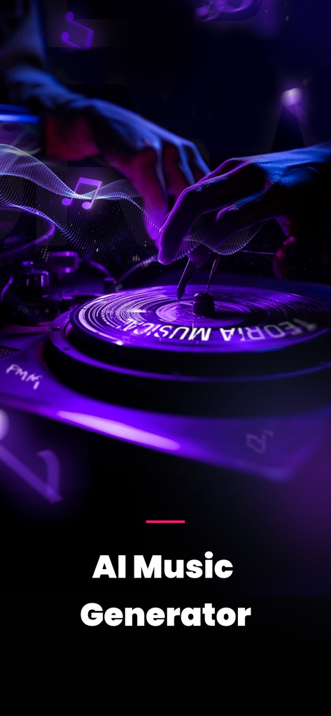 Sonus AI: AI Song Creator - Digital hands interacting with a glowing purple turntable for AI music generation.