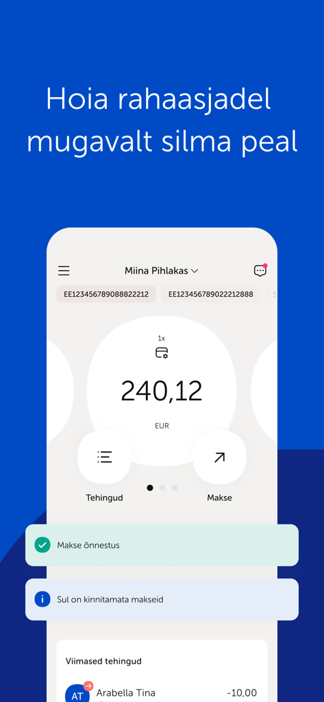 Coop Pank mobile app dashboard showing account balance and transaction options