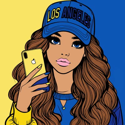 realistic beautiful girl wearing los ángeles cap holding an iphone