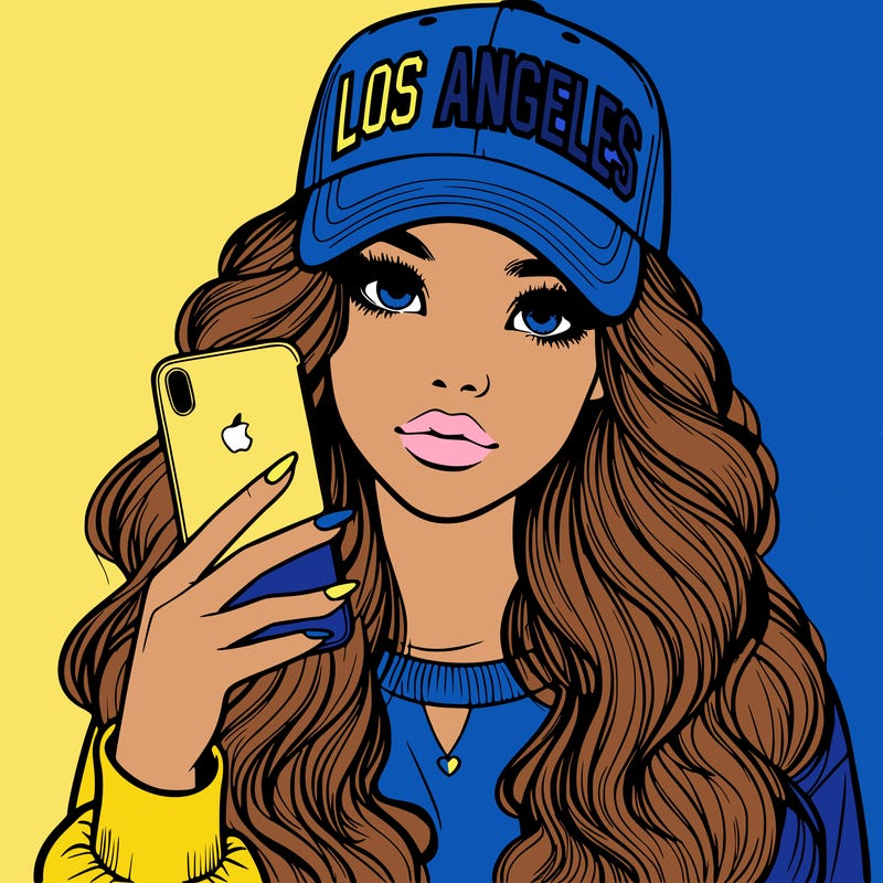 realistic beautiful girl wearing los ángeles cap holding an iphone