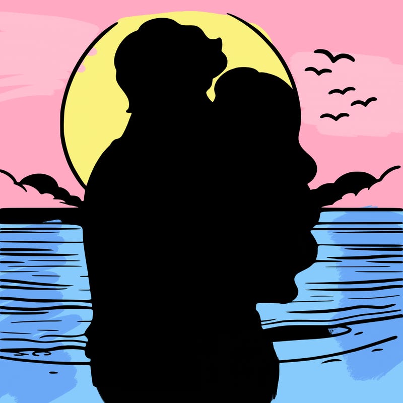 boyfriend and girlfriend looking at the sunset on the beach and kissing