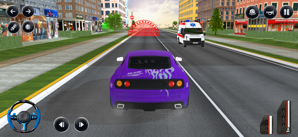 US Car Driving Games Simulator - A purple sports car driving on a wide city road in a realistic driving simulation game