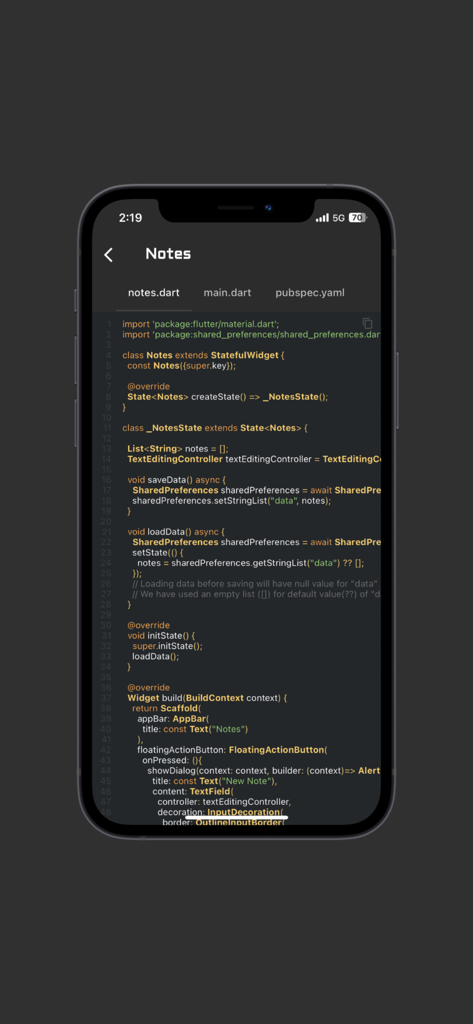 Código fuente Dart para un proyecto de aplicación de notas en FlutterLab Pro