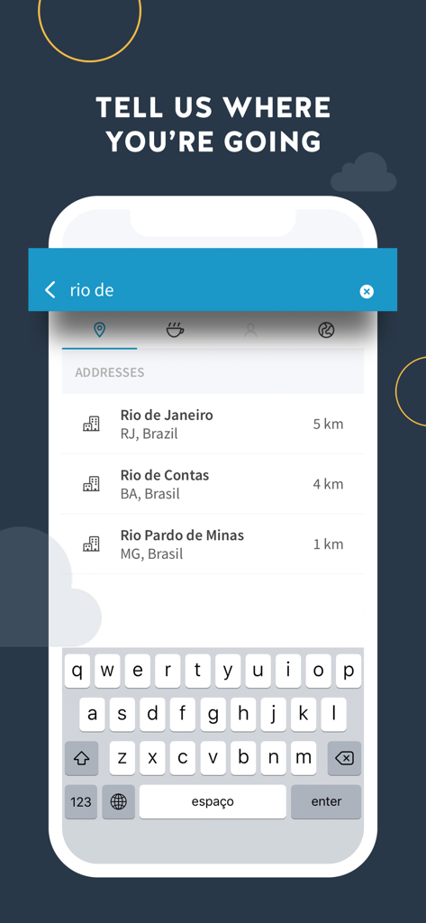 GPS Brasil: Offline navigation - Tela de busca do aplicativo de navegação offline GPS Brasil mostrando resultados de destino para o Rio de Janeiro.