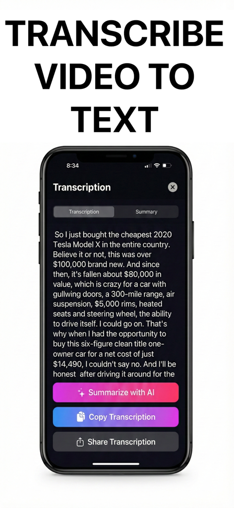 Crayo AI Video Clips Generator - AI로 요약하고 텍스트를 복사하는 옵션이 있는 비디오-텍스트 전사 기능을 보여주는 모바일 인터페이스
