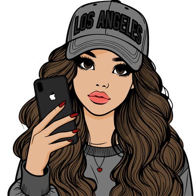 realistic beautiful girl wearing los ángeles cap holding an iphone