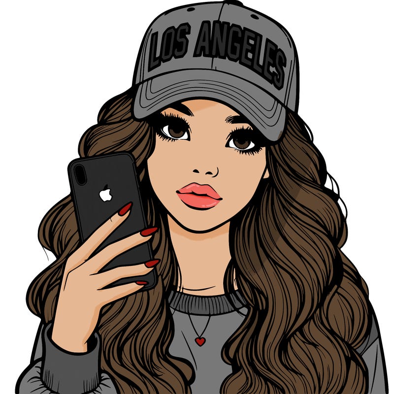 realistic beautiful girl wearing los ángeles cap holding an iphone