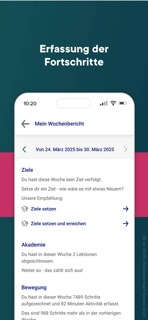 Zanadio mobile App-Bildschirm für wöchentliche Fortschrittsberichte, der Lektionen aus der Gesundheitsziele-Akademie und die Aktivitätsverfolgung anzeigt.
