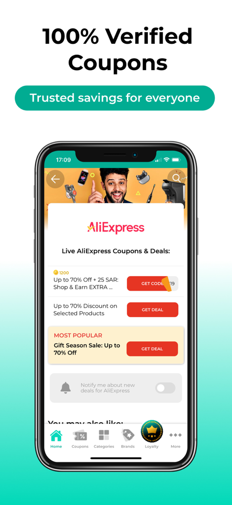 Almowafir mobile app displaying verified AliExpress discount codes and deals