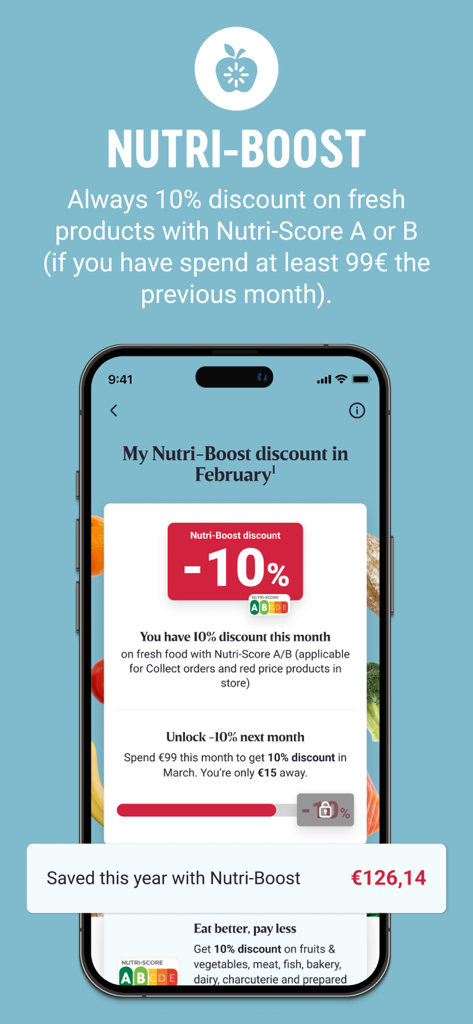 My Delhaize - Pantalla de la app Mi Delhaize mostrando el programa de fidelidad Nutri-Boost con descuentos en productos saludables