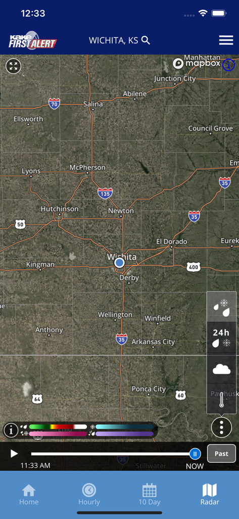 KAKE First Alert Weather app displaying a high resolution radar map of Wichita Kansas