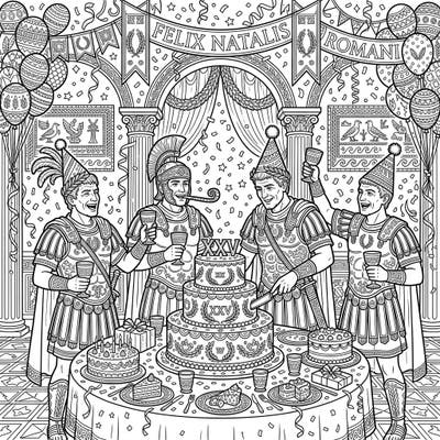 Step back in time to a truly unique birthday celebration with our Roman Generals coloring page. Imagine brave commanders setting aside their swords for party hats, surrounded by cakes and merriment.