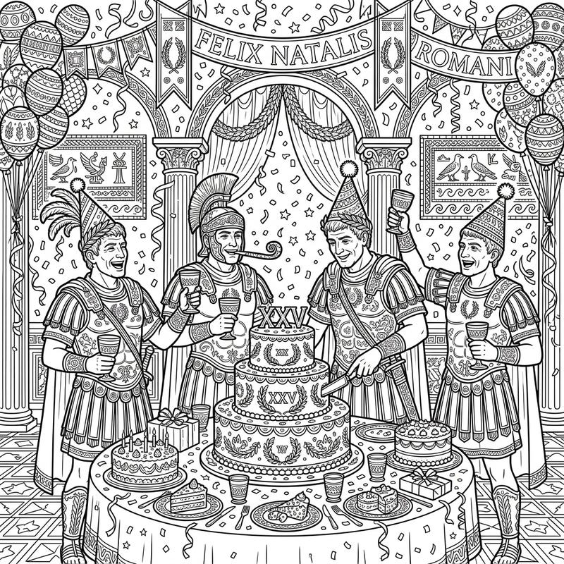 Step back in time to a truly unique birthday celebration with our Roman Generals coloring page. Imagine brave commanders setting aside their swords for party hats, surrounded by cakes and merriment.