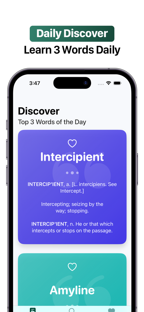 1828 Dictionary - Webster's - iPhone screen showing the Daily Discover feature of the 1828 Webster Dictionary app with historical word definitions