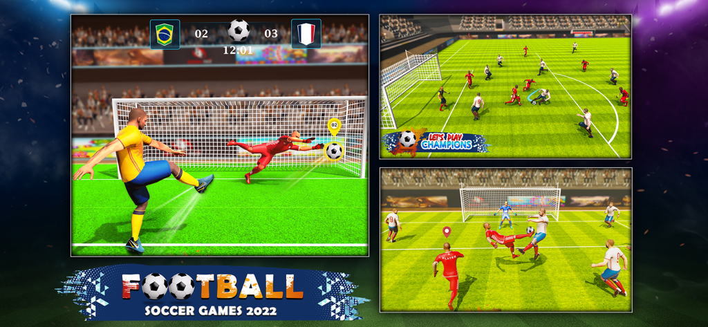 Capturas de pantalla del juego de un partido de fútbol que muestran un tiro a puerta y la acción en el campo