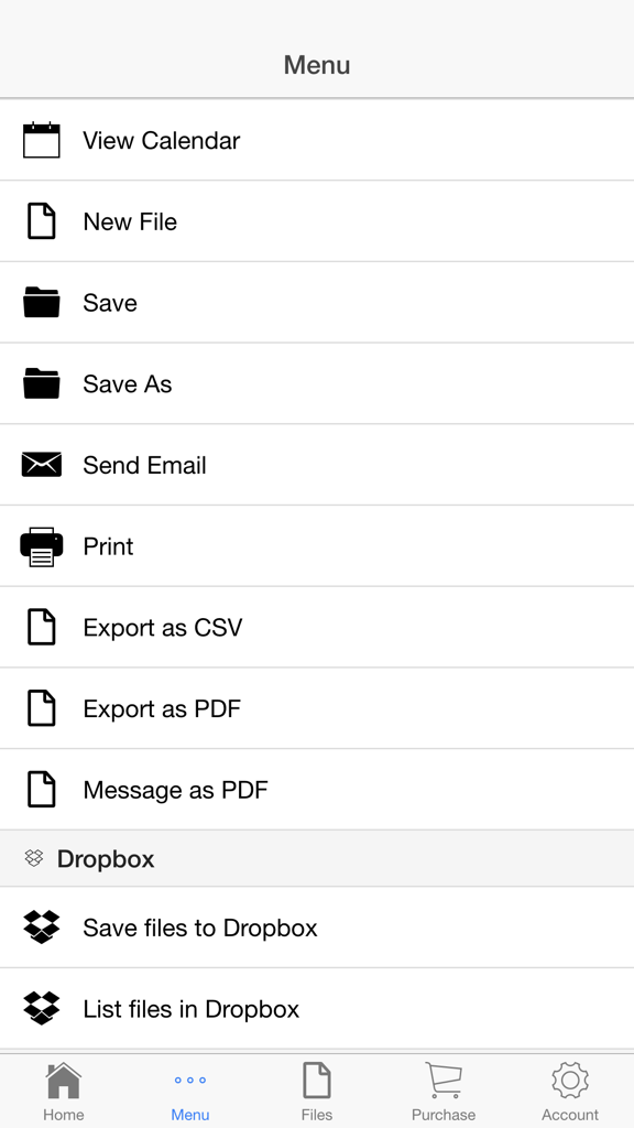 Menu screen of the Monthly Rent Receipt app showing options for saving, emailing, printing, and exporting receipts