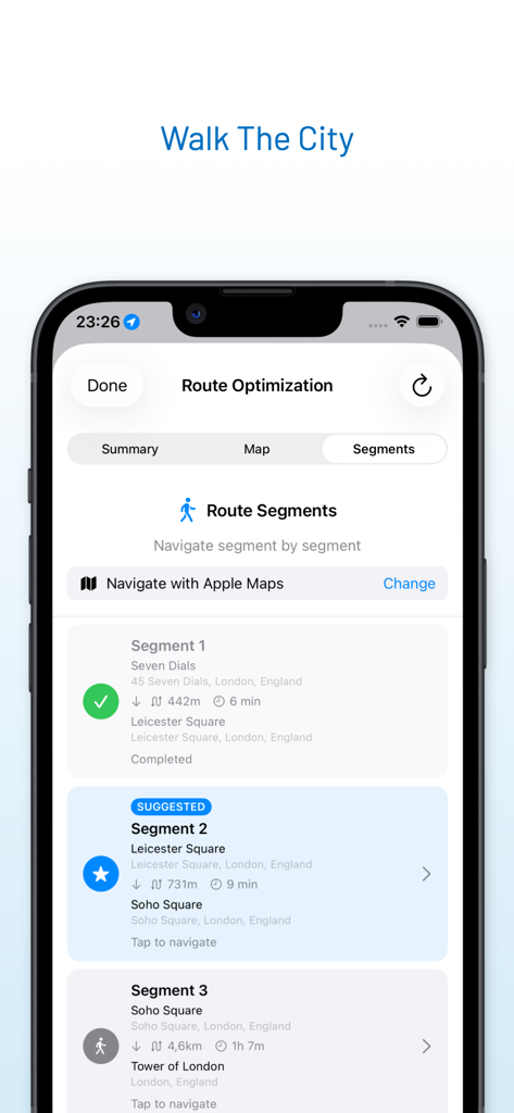 RouteGO - Route Planner - RouteGO app interface showing optimized walking route segments for a city trip in London