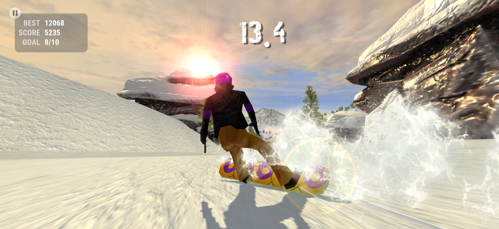 Crazy Snowboard - A character snowboarding down a snowy mountain slope during a trick in Crazy Snowboard