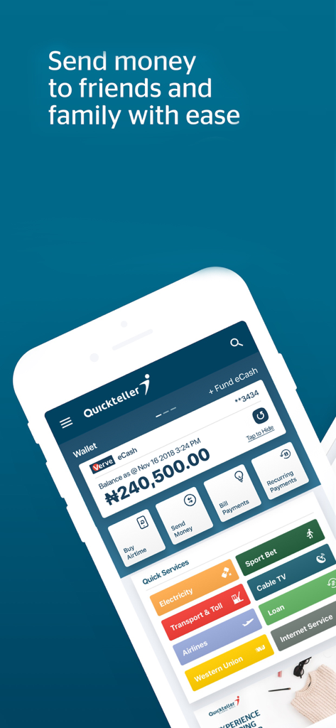 Quickteller -Payments & Wallet - Quickteller app dashboard showing Naira wallet balance and various financial services like airtime and bill payments