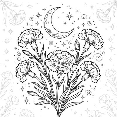 Discover the serene beauty of our Pink Carnations Night Time coloring page, featuring delicate blooms beneath a softly glowing crescent moon and twinkling stars. This enchanting design offers a peaceful escape, perfect for those who love floral and celestial themes.