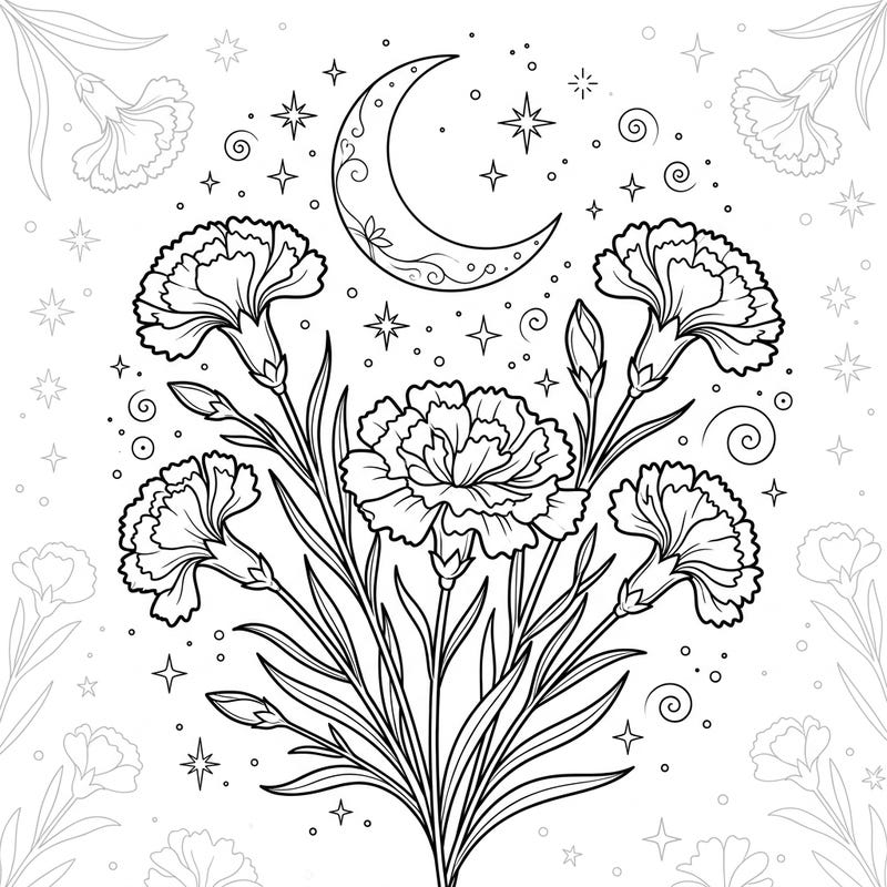 Discover the serene beauty of our Pink Carnations Night Time coloring page, featuring delicate blooms beneath a softly glowing crescent moon and twinkling stars. This enchanting design offers a peaceful escape, perfect for those who love floral and celestial themes.