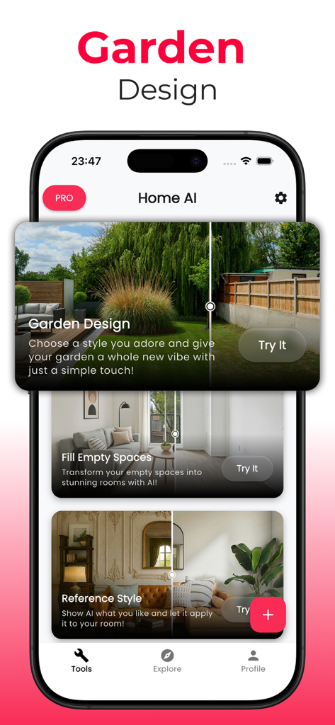 Interfaz de la aplicación de diseño de interiores con IA que presenta paisajismo de jardines y herramientas de escenificación virtual de habitaciones.
