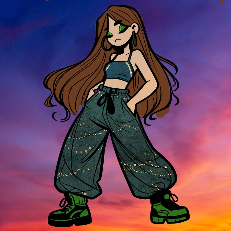girl in baggy pants crop top and long hair