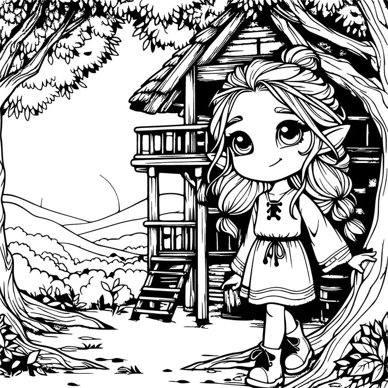 realistic elf girl in a treehouse at the sunset