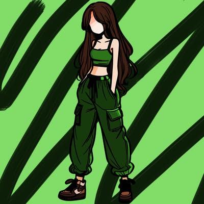 girl in baggy pants crop top and long hair