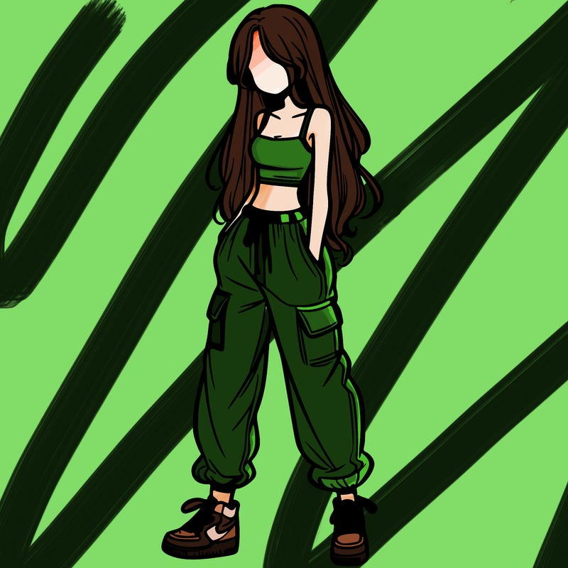 girl in baggy pants crop top and long hair