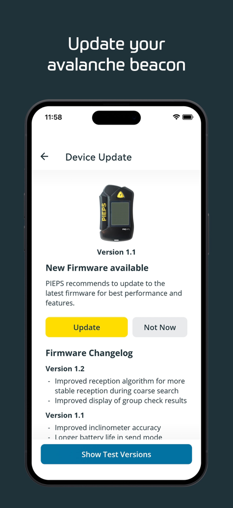 PIEPS - Mobile app interface showing an available firmware update for a PIEPS avalanche beacon.
