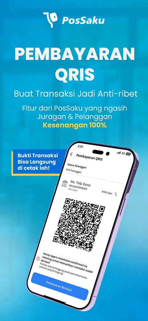 Kasir & Buku Kas PosSaku - A mobile app interface displaying a QR code for small business payments