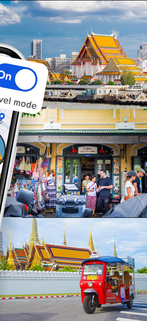 A red MuvMi electric Tuk Tuk in front of a Bangkok temple with a travel mode app feature