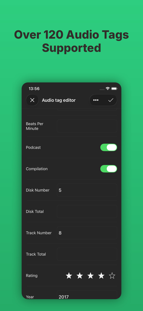 Evertag: Music Tag Editor - Evertag app interface showing detailed audio metadata fields including BPM and track numbers