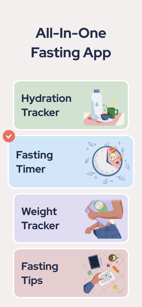 FastEasy: Intermittent Fasting - FastEasyアプリの機能概要。水分補給トラッカー、ファスティングタイマー、体重トラッカー、ファスティングのヒントが含まれます。