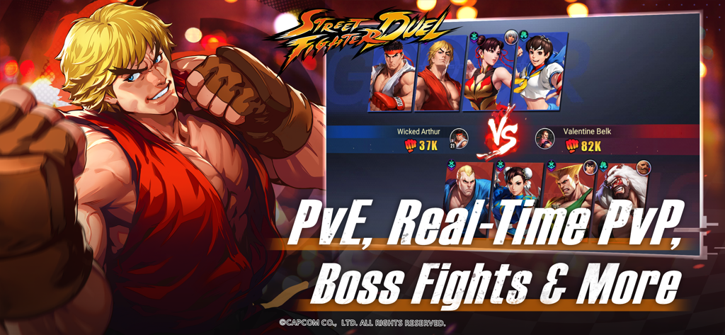 Street Fighter Duel - Idle RPG - Pantalla de juego de Street Fighter Duel mostrando emparejamientos de batalla PvP en tiempo real y listas de personajes icónicos