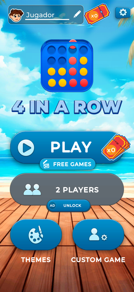 Four in a Row - 2 Player Games - Menú principal de la aplicación Cuatro en Línea que presenta modos de juego para un jugador y para dos jugadores.