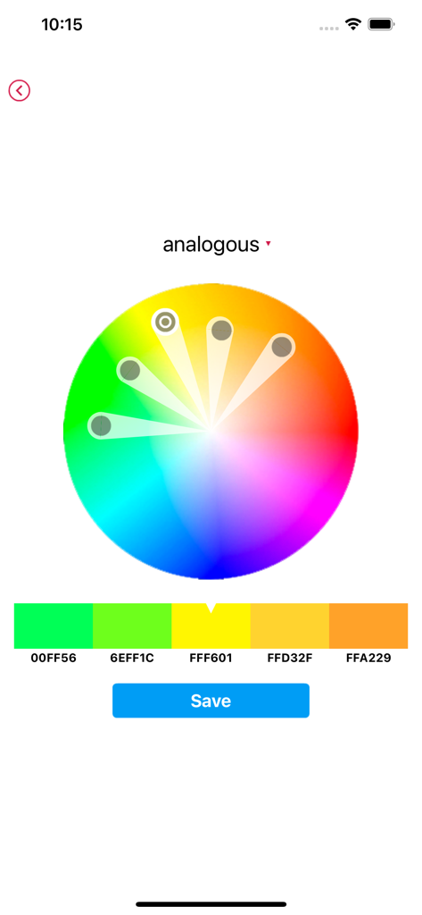 Color of China app interface displaying an analogous color wheel and hex code palette