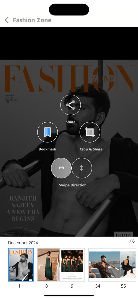 Fashion Zone Magazine - Digitale Leseoberfläche des Fashion Zone Magazins mit Navigationssymbolen und Vorschaubildern der Ausgaben