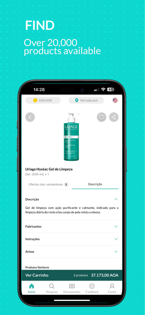 Appy Saúde - Ecrã de smartphone a mostrar a página de produto da aplicação Appy Saúde para um gel de limpeza com preço em Kwanzas