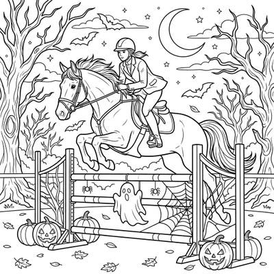 Prepare for a thrilling Halloween ride with this captivating coloring page featuring a show jumper and their horse. Soar over creatively spooky obstacles under the enchanting glow of a crescent moon and stars.