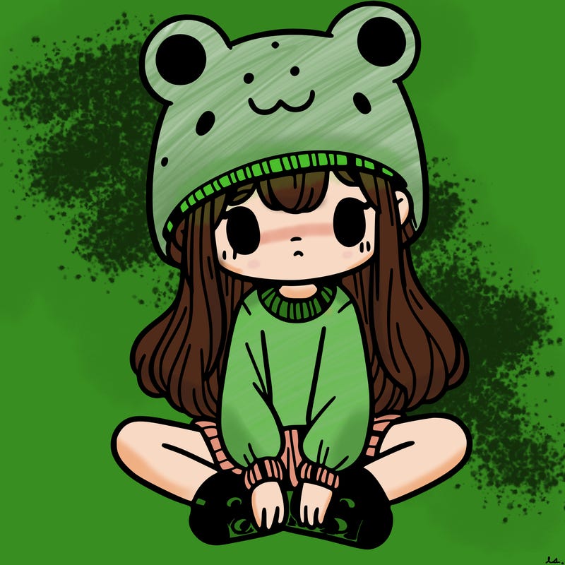 a girl wearing a frog hat and some frog socks