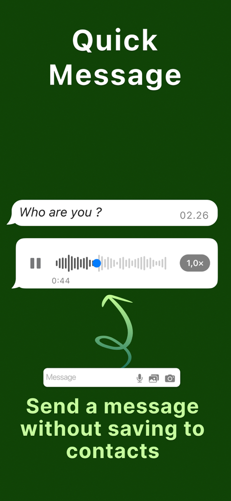 Quick message interface for sending messages without saving contacts in the WARB app