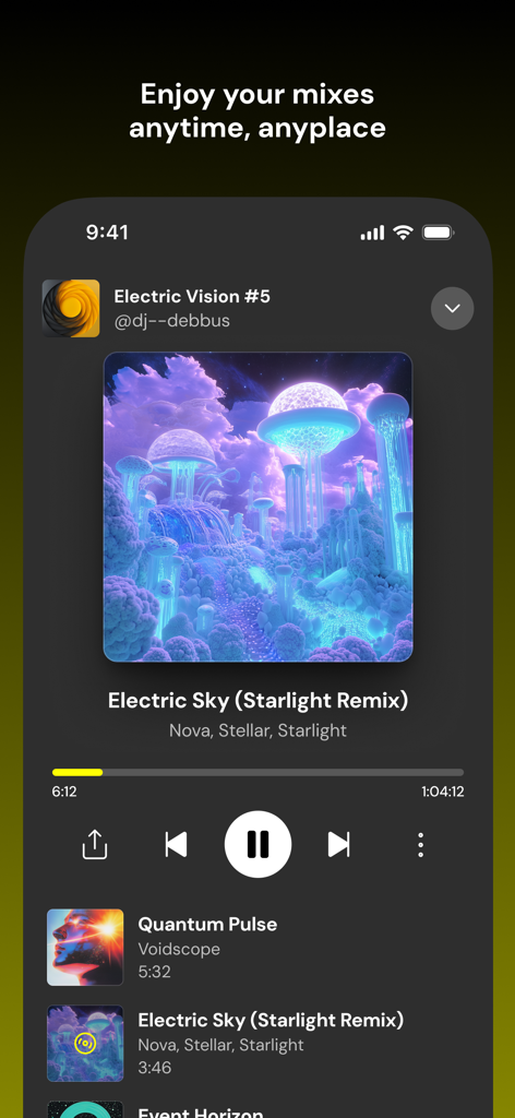 Interfaz del reproductor de la aplicación móvil DJ Studio mostrando una mezcla titulada Electric Vision con controles de reproducción