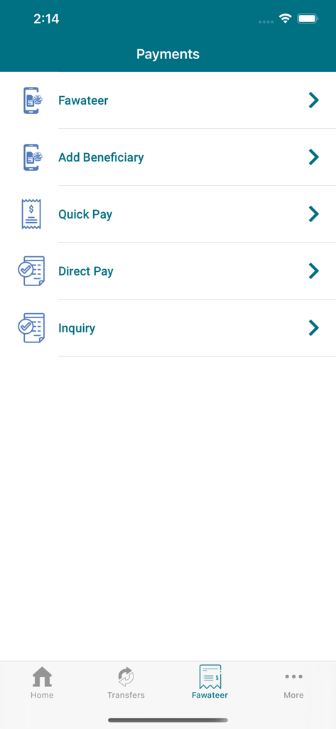 The payments interface of the HBTF Bahrain mobile app featuring bill payment and beneficiary options