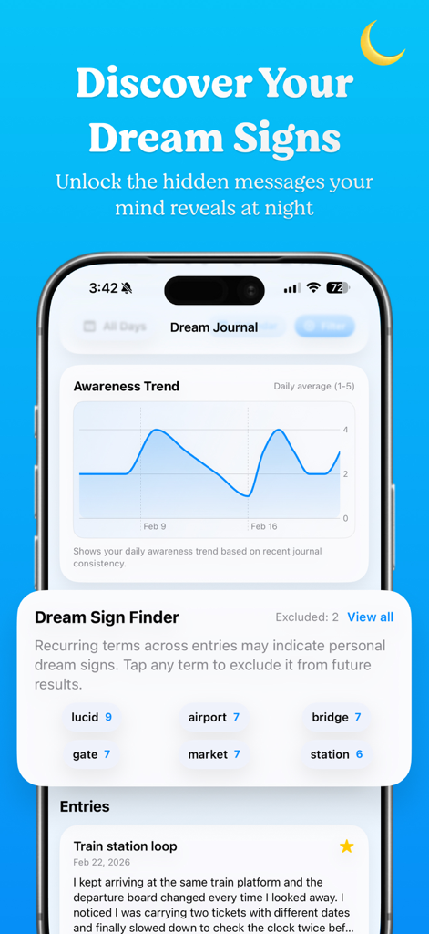 MILD Trainer: Lucid Dreaming - The MILD Trainer app interface displaying an awareness trend graph and a dream sign finder tool with common dream tags