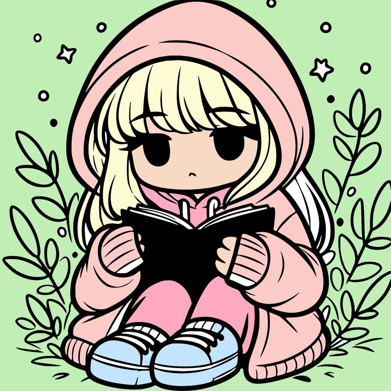 girl in oversized hoodie reading a book