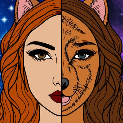 split face realistic woman and wolf